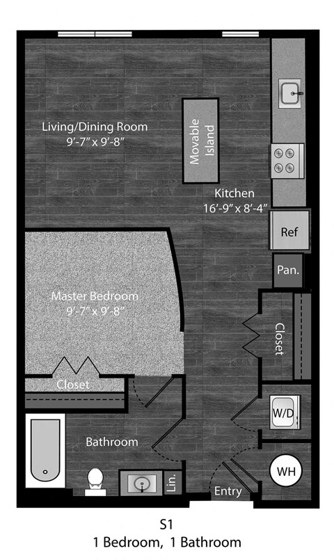 Floor plan for studio, 1 bath, 623 sqft